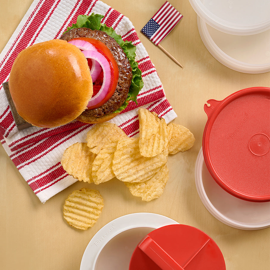 zestaw tupperware hamburger press keepers duża foremka do kotletów i pojemnik chili