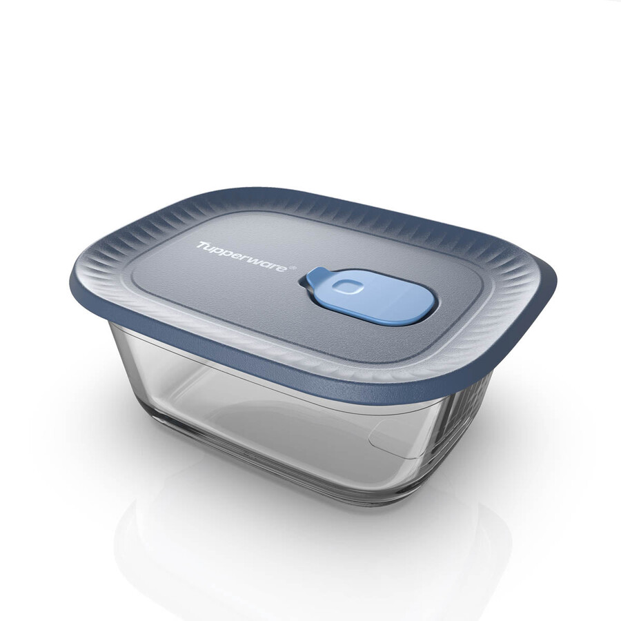 pojemnik szklany tupperware voila do przechowywania żywności mały prostokątny ciemnoszary i niebieski z pokrywką