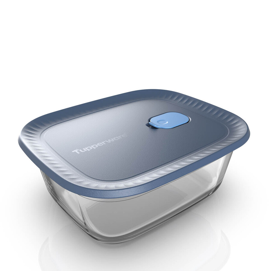 pojemnik szklany tupperware voila do przechowywania żywności duży prostokątny ciemnoszary i niebieski pokrywka